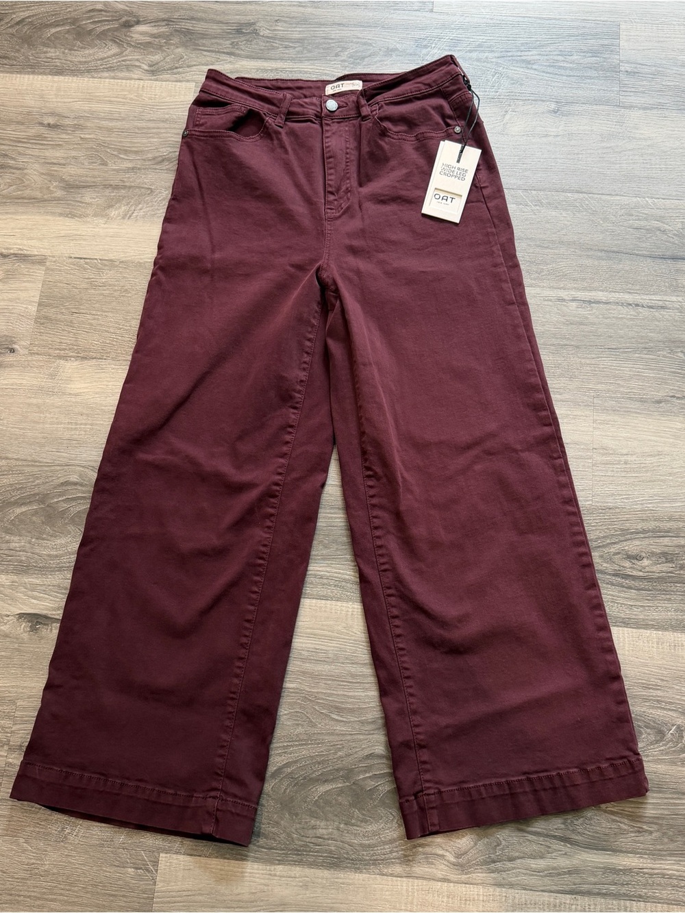 Oat New York High Rise Wide-Leg Burgundy Pants - Ankle length.